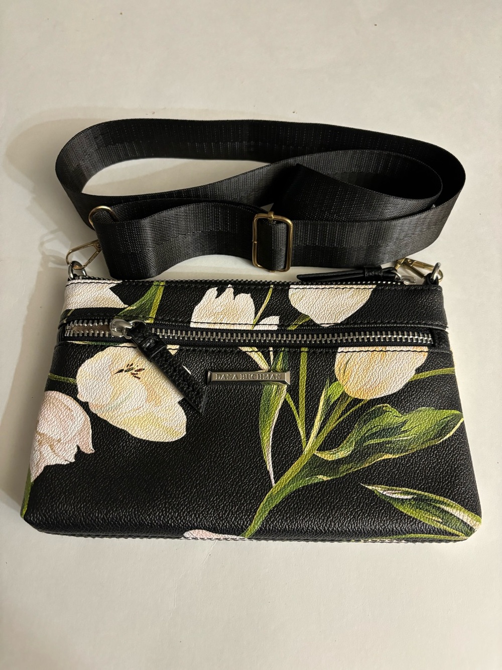 Dana Buchman Floral Crossbody Bag Black with White Tulips Adjustable Strap NWOT